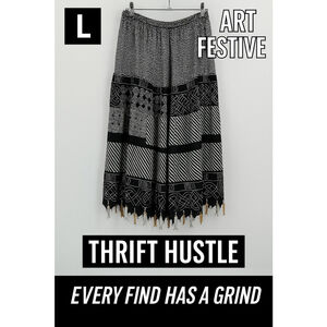 Whimsygoth Tropical Deco Maxi Skirt Black White Fish Charm Hem 33" Boho M/L